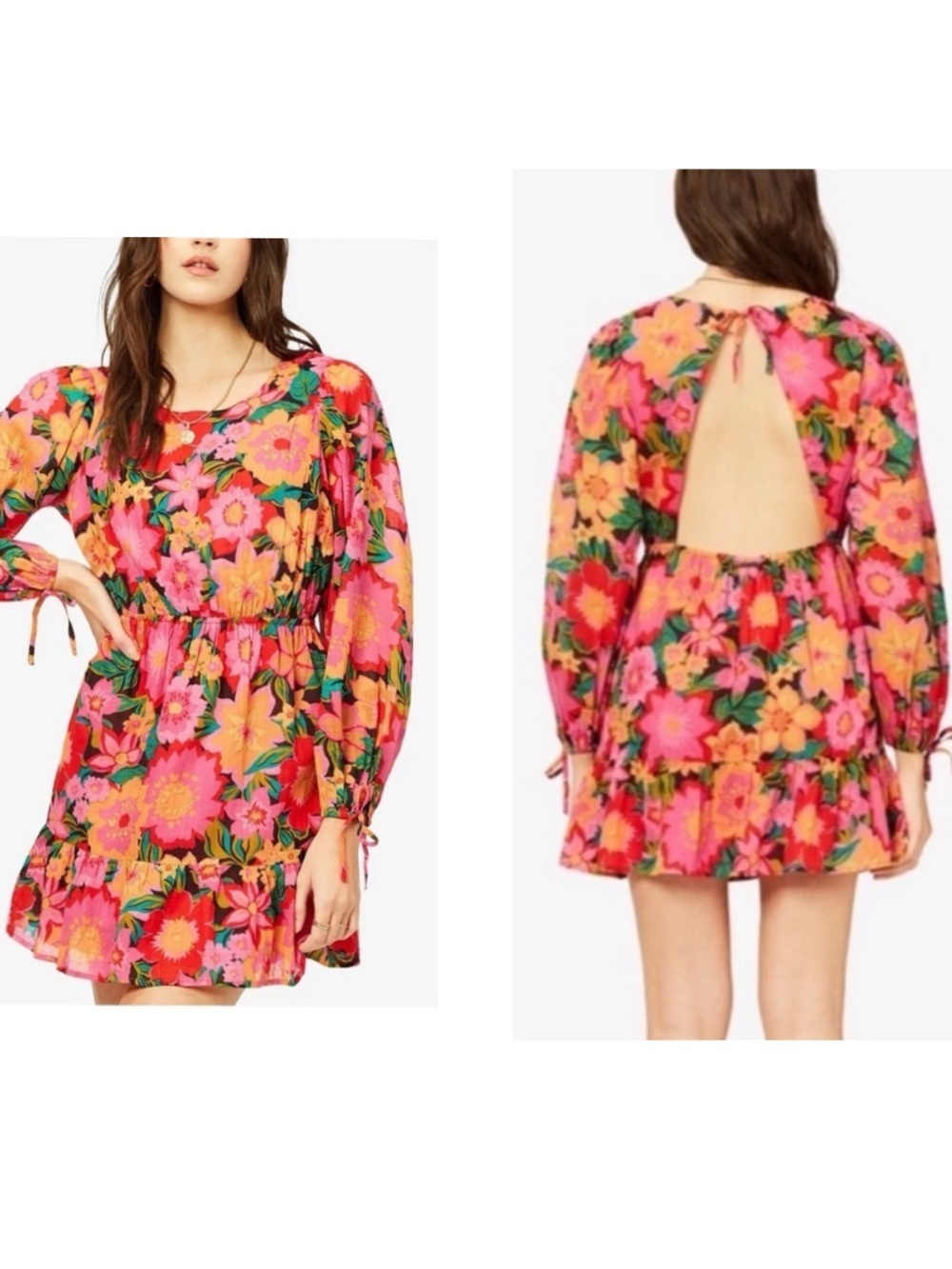 Billabong Heaven sent open back puff sleeve tropical boho vacay mini dress NWT M